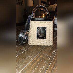 LOULU Woven Mini Bag Black Faux Leather Trim Crossbody Top Handle. New